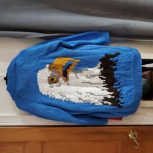 Hand Knit Bulky Cardigan Sweater Eagle Sweater Royal Blue XL